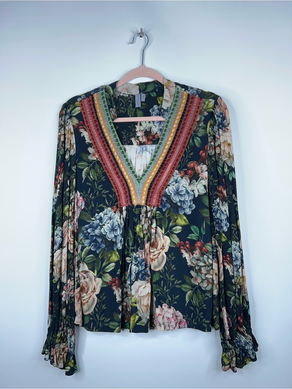 Bl-nk London Anthropologie Black Floral Embroidered V-Neck Stephanie Blouse